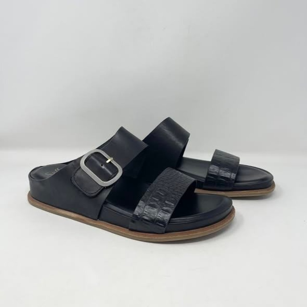 Sofft Aidah Black Leather Double Strap Slide Sandals with Buckle
